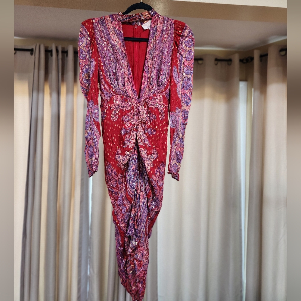 Rococo Sand Nott Printed Metallic Plunge Mini Dress Puff Sleeve - Picture 2 of 10